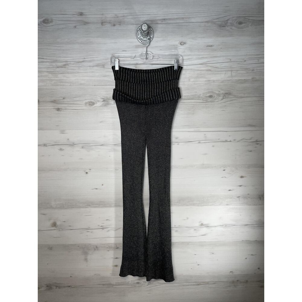 Rita Ora x Primark Pants Womens XS Black‎ Metallic Ribbed Knit Flare High Waist